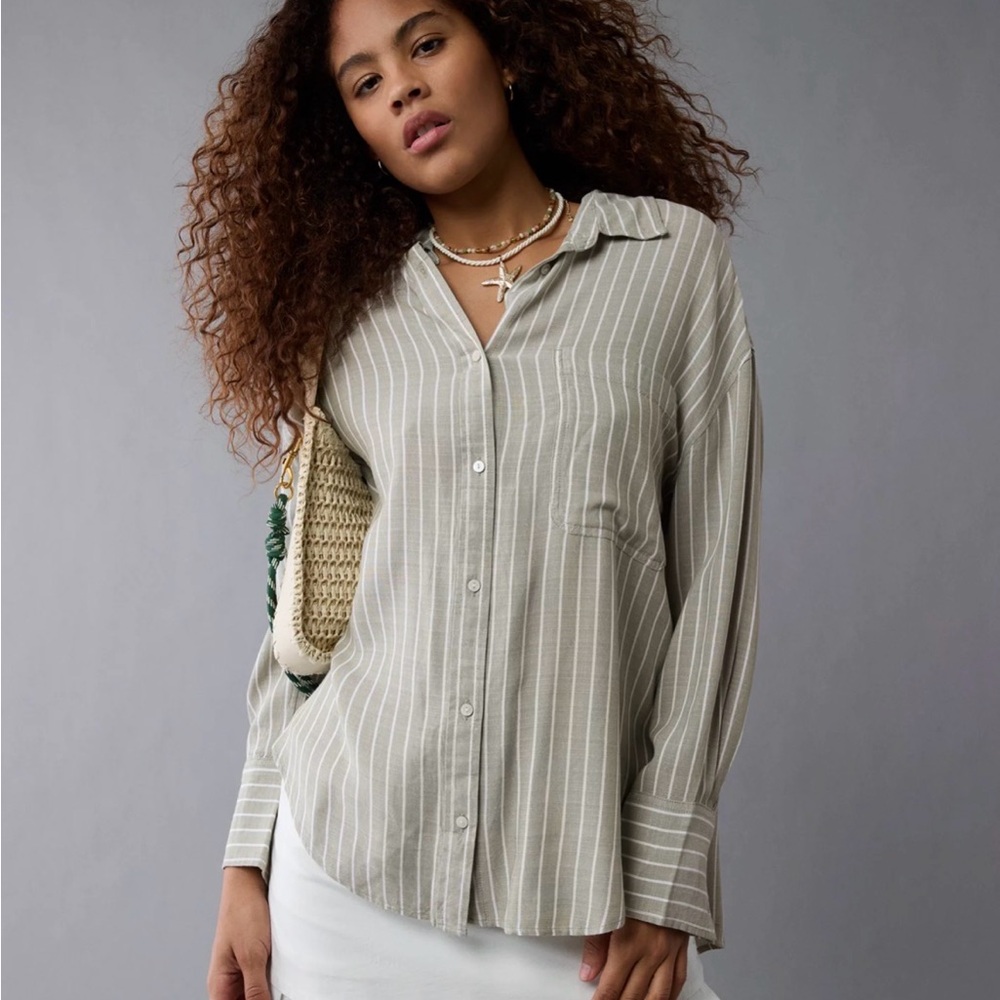 NWT American Eagle Striped Button-Up Blouse (S) | Green w/ Tie Back